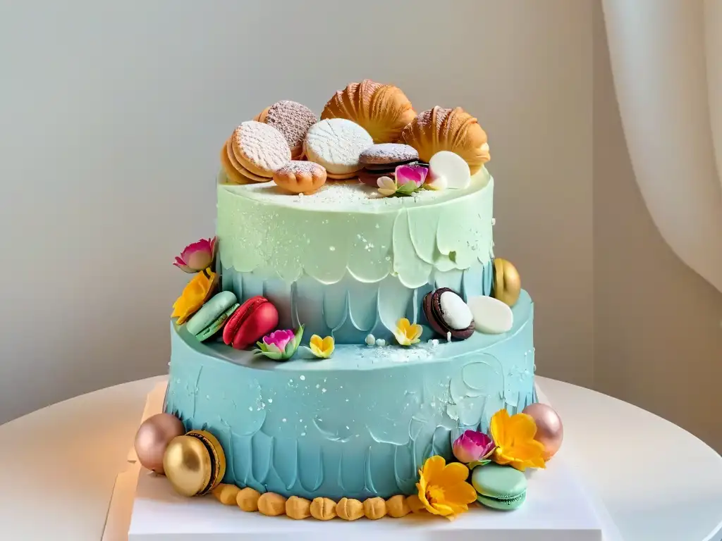 Un chef pastelero creando arte comestible en un elegante pastel de bodas, rodeado de macarons y croissants, con detalle y precisión