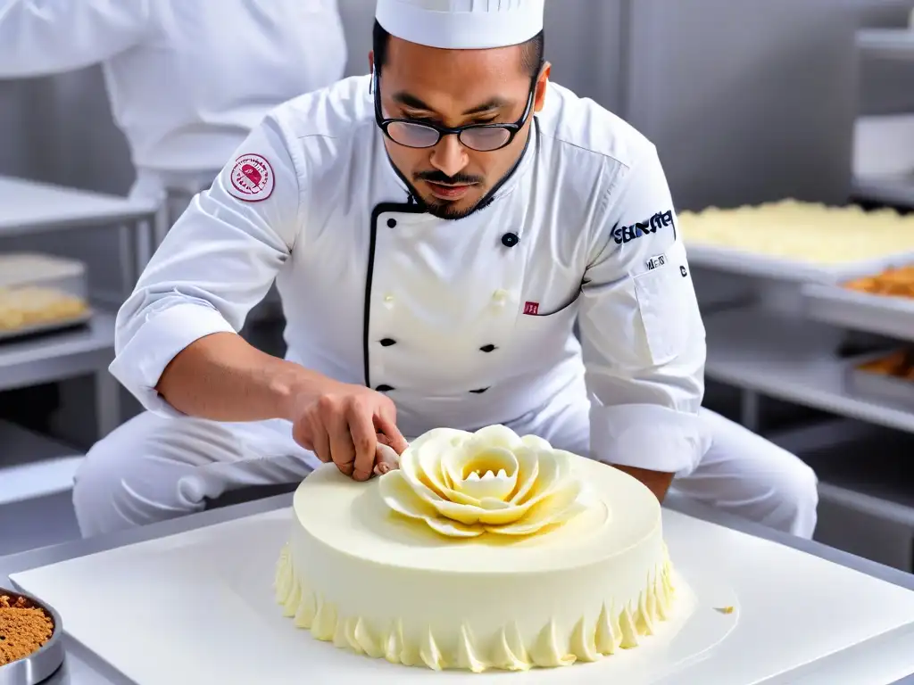 Un chef pastelero concentrado elaborando una flor de azúcar en cocina blanca impecable, demostrando pasión en concursos repostería chef pastelero