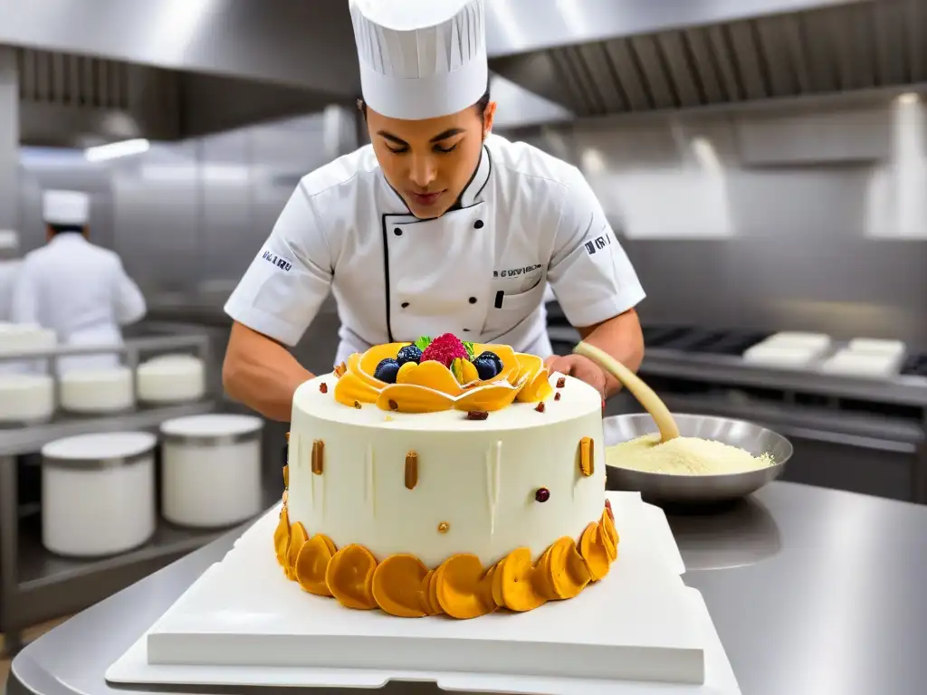 Un chef pastelero crea una escultura de azúcar en una cocina moderna, destacando Certificaciones internacionales repostería career global