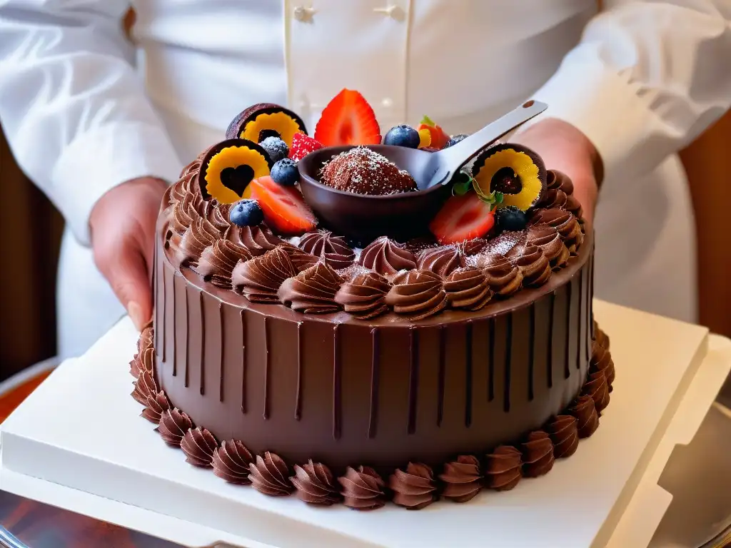 El chef pastelero experto en manipulación del chocolate decora con precisión una torta decadente