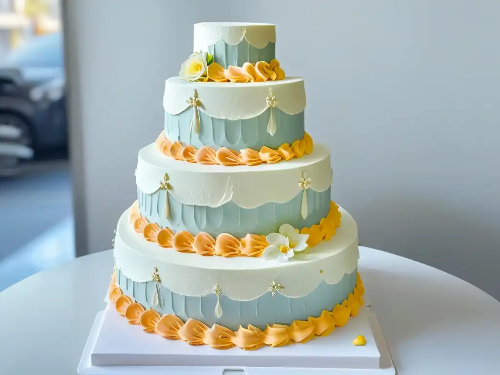 Un chef pastelero experto en concursos de repostería decora con precisión una elegante tarta de bodas con remolinos de glaseado