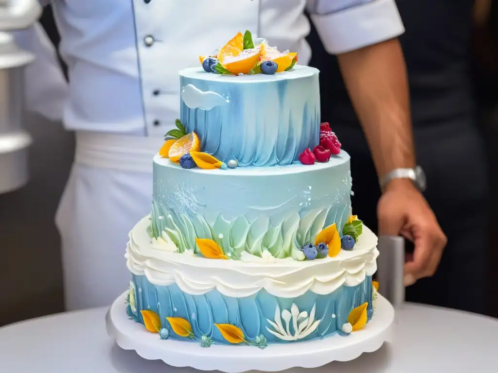 Un chef pastelero experto en concursos de repostería, decorando con precisión y arte un pastel con crema de colores pastel