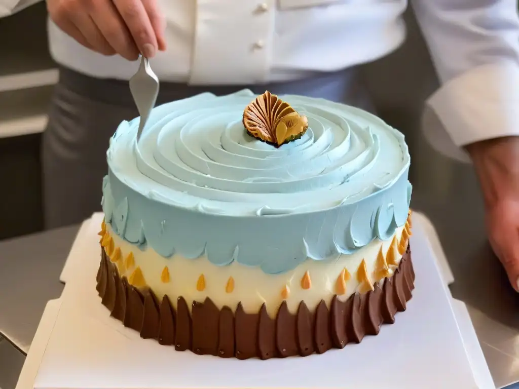 Un chef pastelero experto decora con precisión una tarta, destacando la técnica y arte en repostería