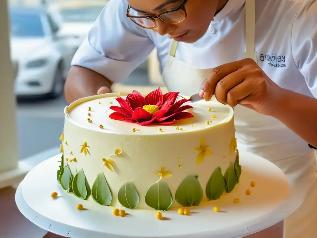 Un chef pastelero innovador de alta pastelería crea una intrincada flor de azúcar con destreza y precisión en un espacio elegante y luminoso