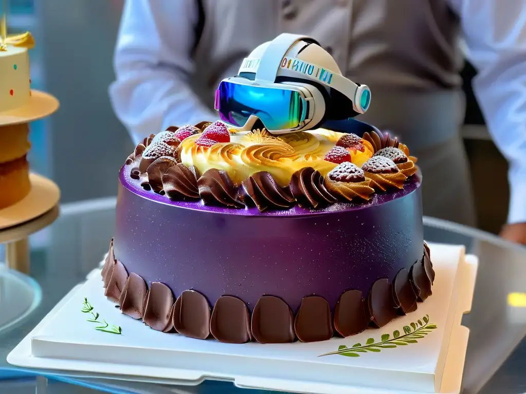 Un chef pastelero en un mundo de realidad aumentada diseño pasteles, rodeado de tortas holográficas detalladas y futuristas