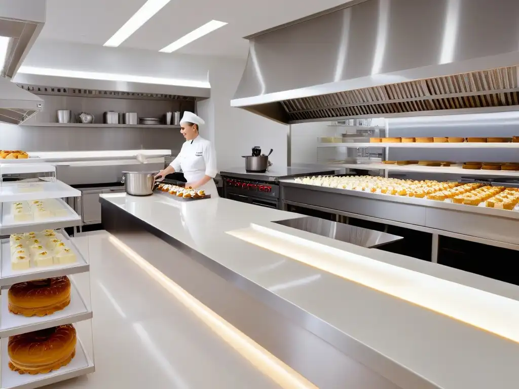 Un chef pastelero decorando un pastel de alta gama con técnicas modernas en una cocina impecable