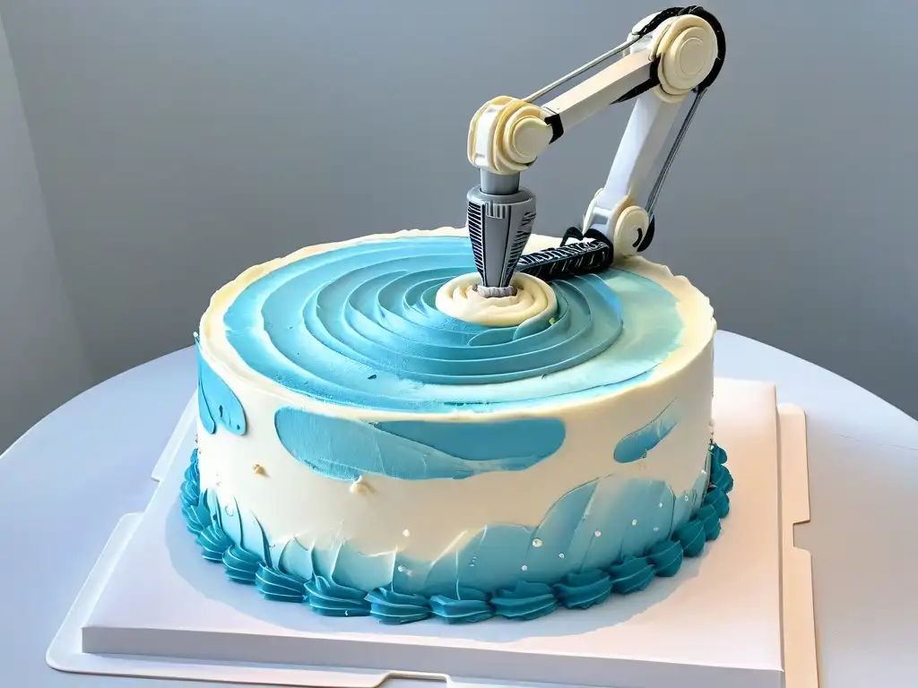 Un chef pastelero robot decorando un pastel con precisión: Robots en repostería, chef pastelero