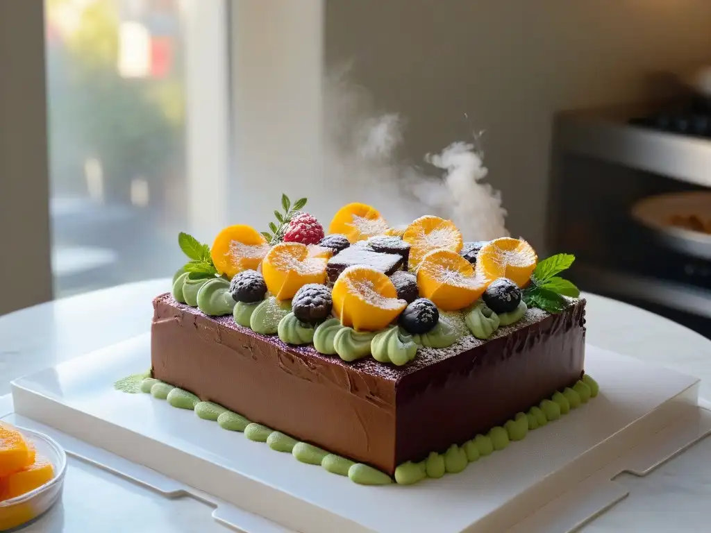 Un chef pastelero crea un postre en una cocina moderna y colorida
