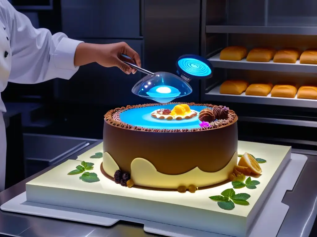 Un chef pastelero profesional utiliza Realidad aumentada en repostería para crear un postre, rodeado de ingredientes holográficos detallados