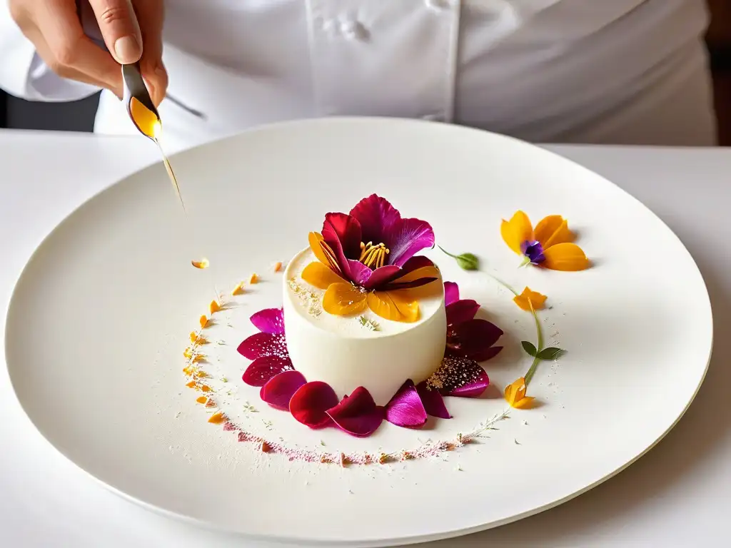 Chef esparciendo pétalos de flores sobre postre para potenciar sabor, creando combinación visualmente impactante