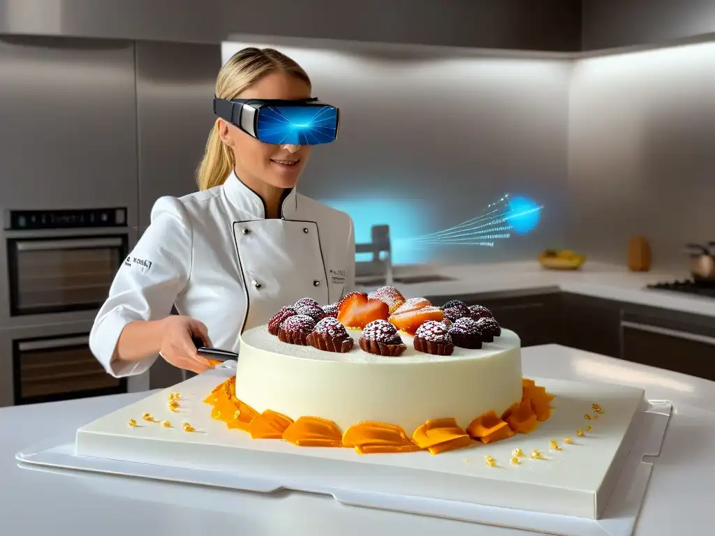 Un chef preparando postres con Recetas postres Realidad Aumentada, mostrando la fusión entre tecnología y cocina