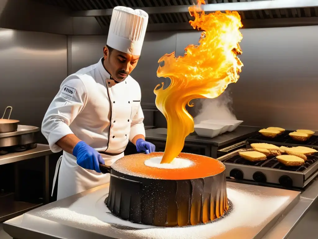 Chef con precauciones con azúcar caliente creando escultura detallada en cocina industrial