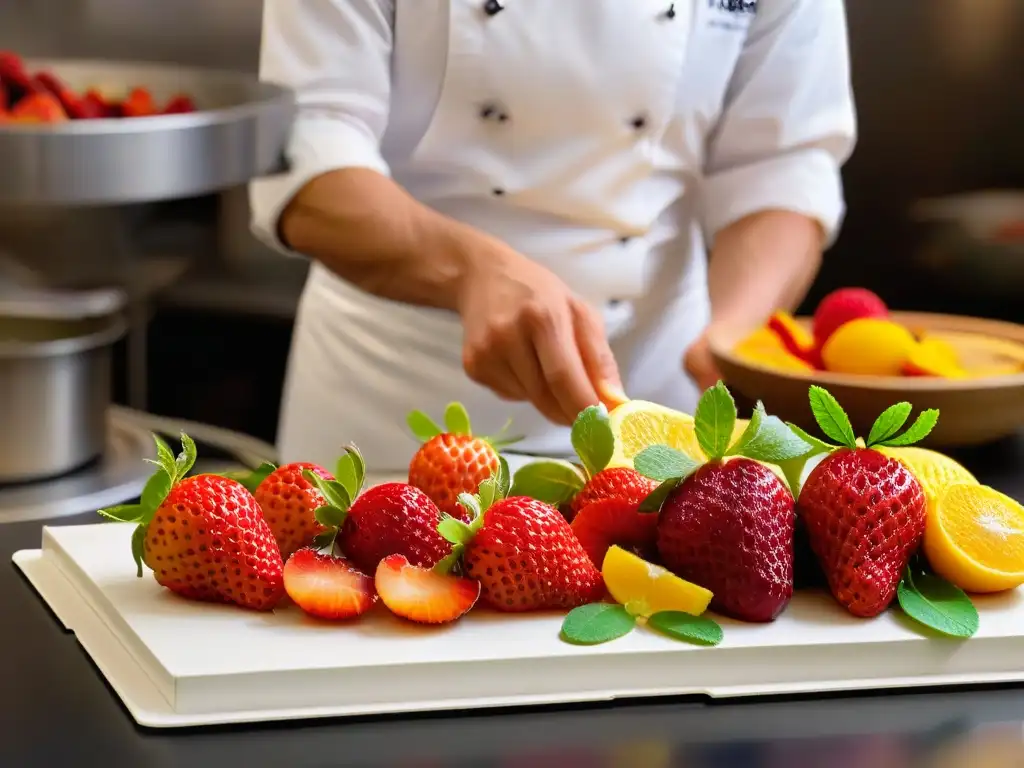 Un chef selecciona con precisión ingredientes frescos para repostería