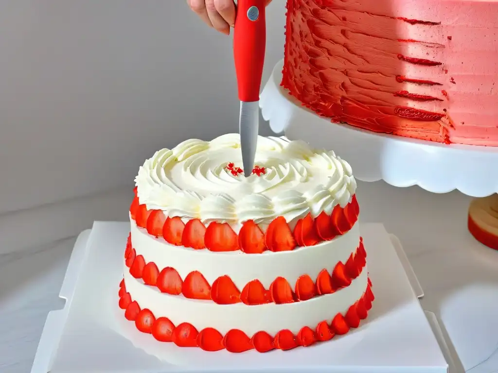 Un chef profesional usando una espátula de silicona roja para extender glaseado en un pastel multicolor