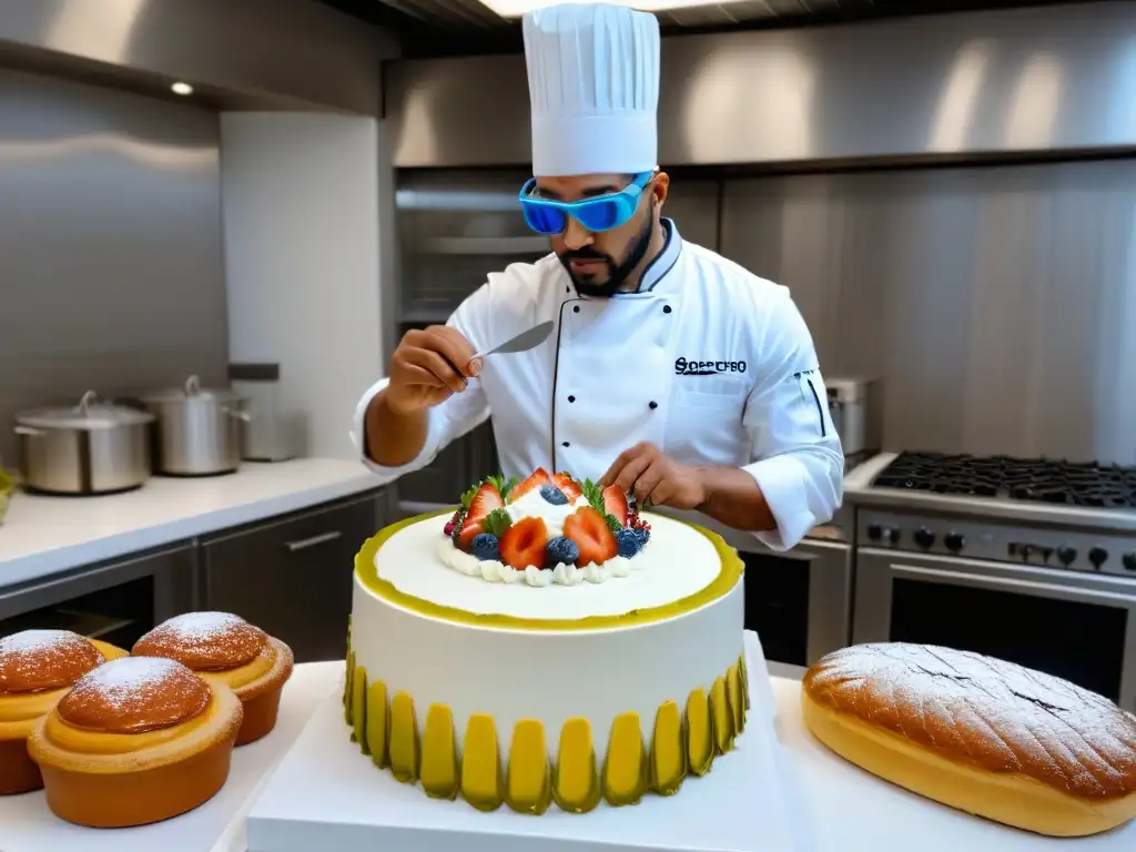 Chef virtual crea obras de arte culinarias con tecnología AR Un chef profesionale usa técnicas de repostería avanzadas en realidad aumentada para decorar un elaborado pastel en una cocina moderna y luminosa
