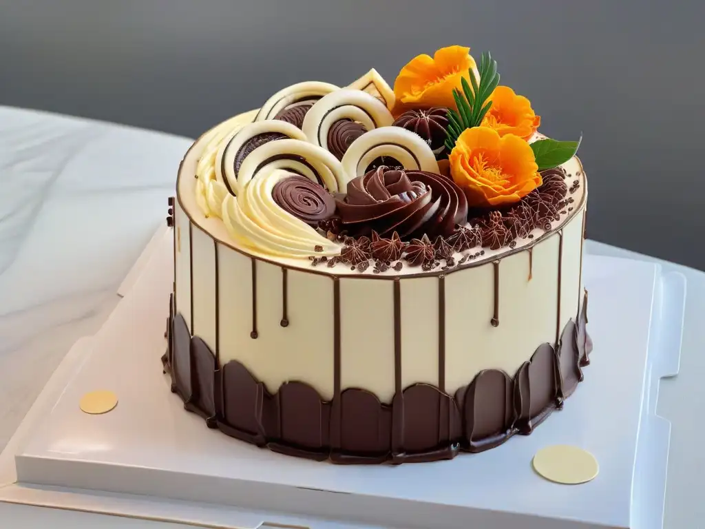 Un chef de repostería de alta gama moderna decora una tarta con técnicas precisas y elegantes