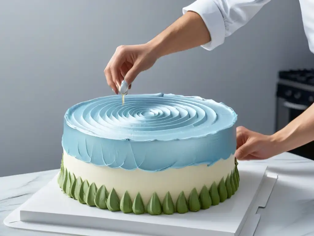 Un chef de repostería utiliza aplicaciones de Realidad Aumentada en una cocina futurista y minimalista, creando una torta elaborada