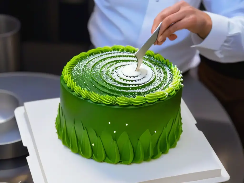Chef repostero creando obras de arte eco-friendly con precisión Un chef de repostería crea decoraciones intrincadas en un pastel con técnicas innovadoras y sostenibles