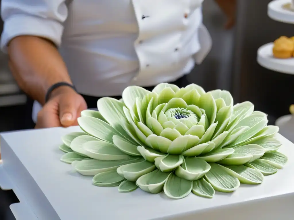 Un chef de repostería experto crea una delicada flor de azúcar, reflejando la precisión y arte en los concursos de repostería tendencias emergentes