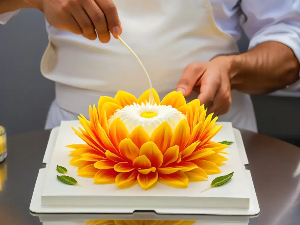 Creación artística de flor de azúcar: detalle y precisión Un chef de repostería experto crea una flor de azúcar detallada, en un ambiente minimalista iluminado naturalmente