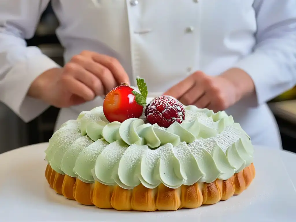 Chef de repostería francesa tradicional del siglo XXI decorando éclairs con precisión y destreza