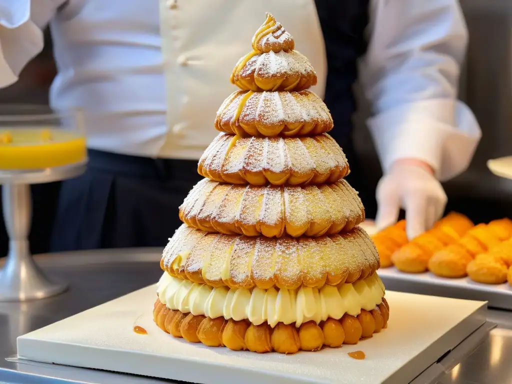 Chef de repostería francesa tradicional del siglo XXI decorando una exquisita croquembouche