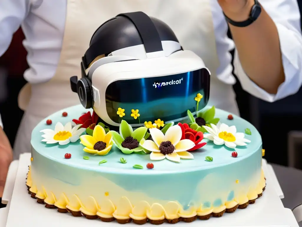 Un chef de repostería usando gafas de realidad virtual para diseñar decoraciones de pasteles digitales, fusionando tradición con tecnología