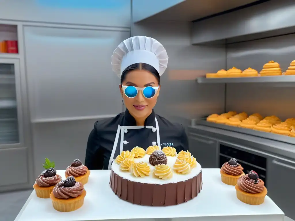 Un chef de repostería utiliza gafas de realidad aumentada para interactuar con diseños de pasteles virtuales en una cocina moderna y minimalista