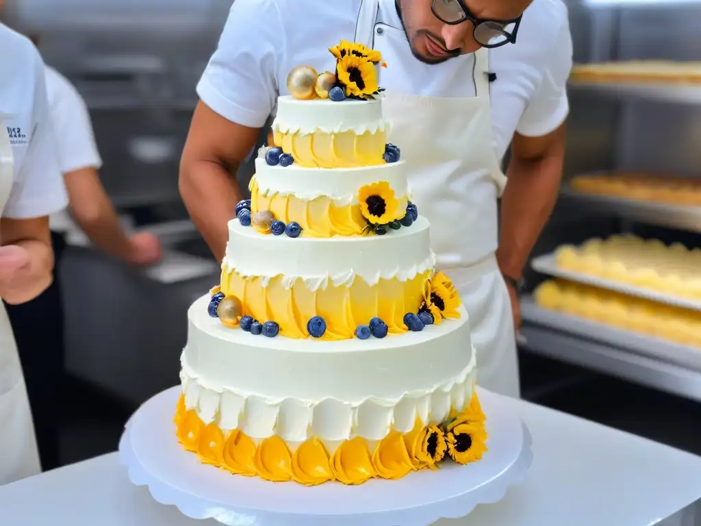 Un chef de repostería maneja imprevistos en concurso de repostería al decorar un pastel de bodas