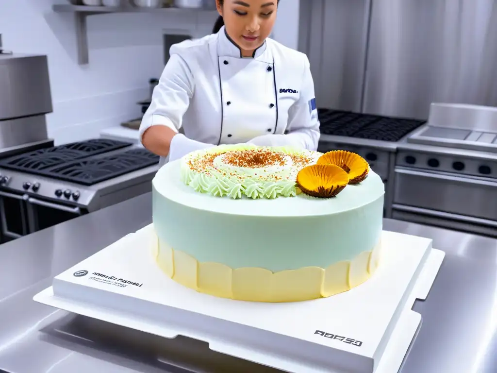 Un chef de repostería interactúa con tecnología de Realidad Aumentada en una cocina moderna y futurista