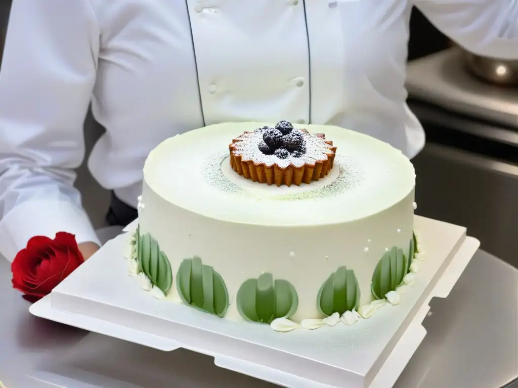 Un chef de repostería moderna y tradicional creando obras de arte comestibles en una cocina elegante