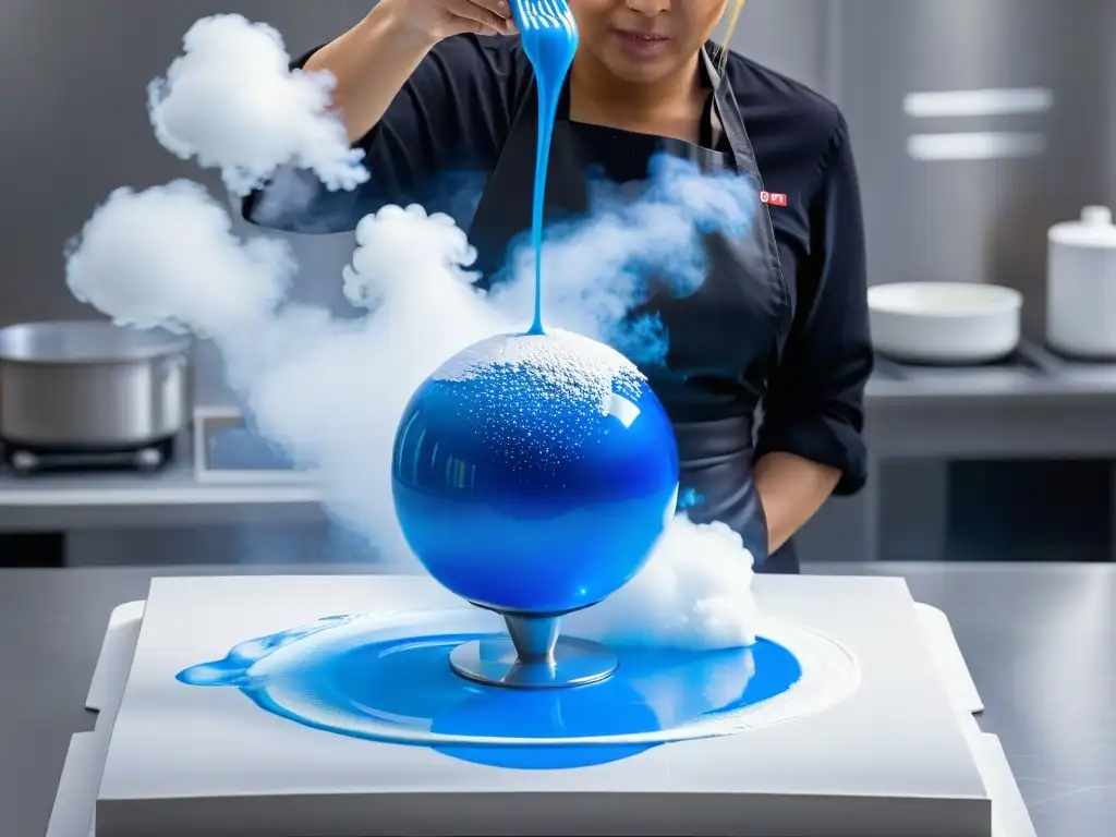 Un chef de repostería molecular experto crea una esfera azul eléctrico en un laboratorio de cocina moderno