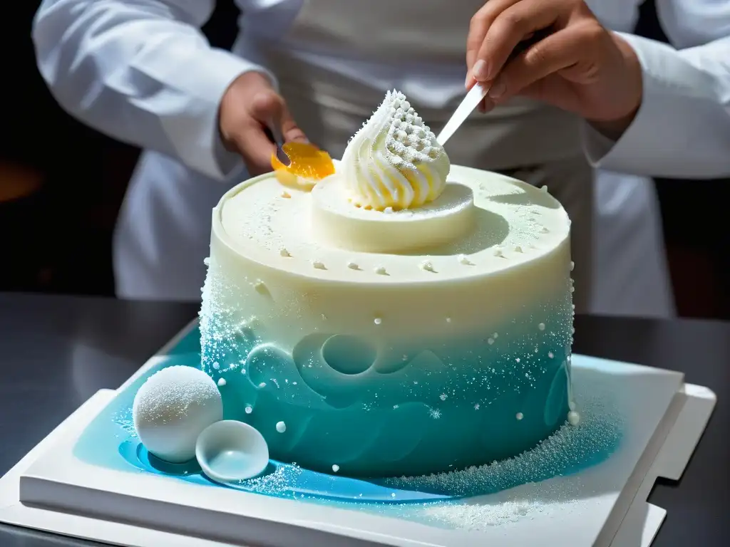 Chef de repostería molecular esculpiendo con precisión bajo luz tenue