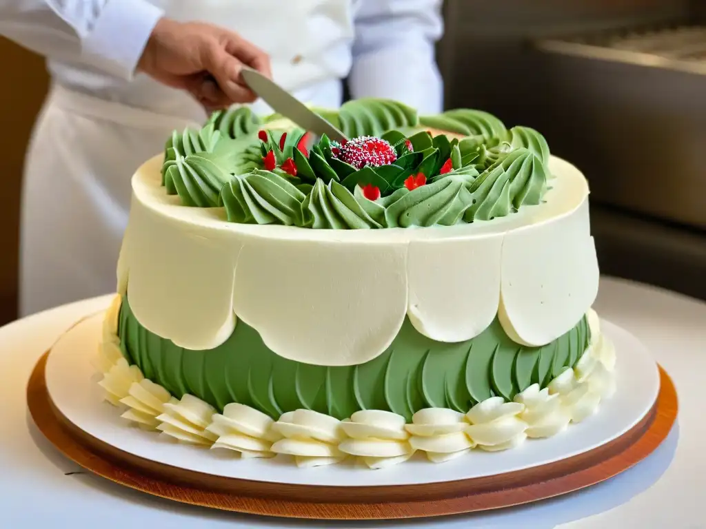 Chef de repostería decorando un pastel con flores detalladas