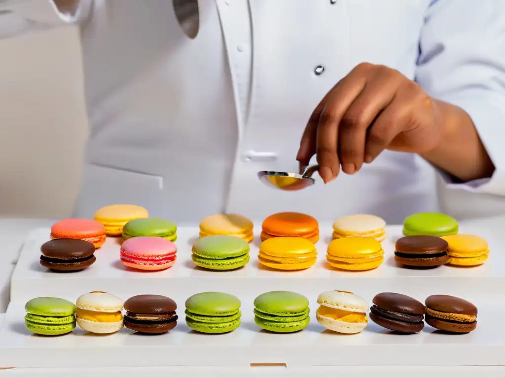 Un chef de repostería profesional inspecciona minuciosamente macarons coloridos con una lupa