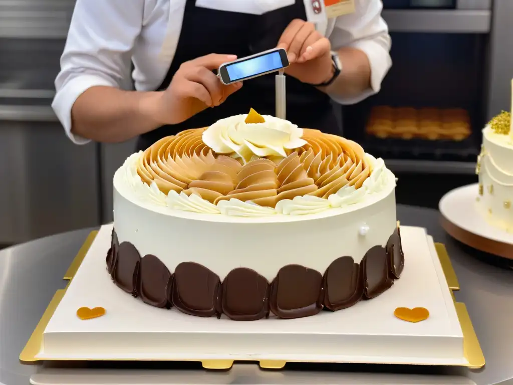 Un chef de repostería con Realidad Aumentada decorando una torta intricada fusionando lo tradicional con lo tecnológico