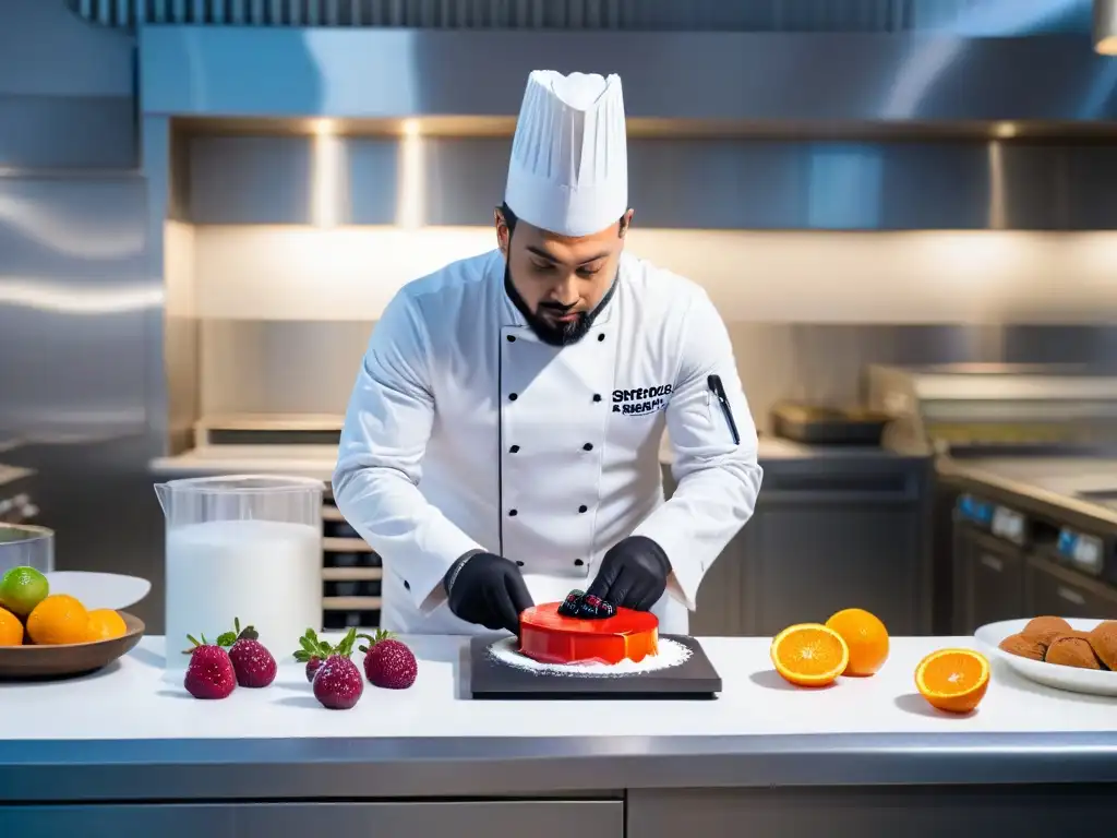 Chef creando sorbete con nitrógeno líquido en cocina moderna Un chef de repostería crea un sorbete con nitrógeno líquido en una cocina moderna, rodeado de ingredientes frescos