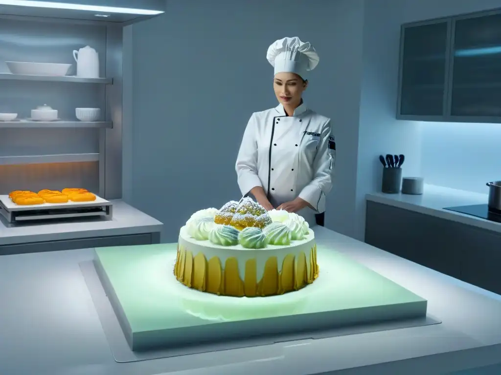 Deslumbrante cocina futurista de realidad aumentada para postres Un chef de repostería combina técnicas avanzadas de realidad aumentada para crear postres innovadores en una cocina futurista