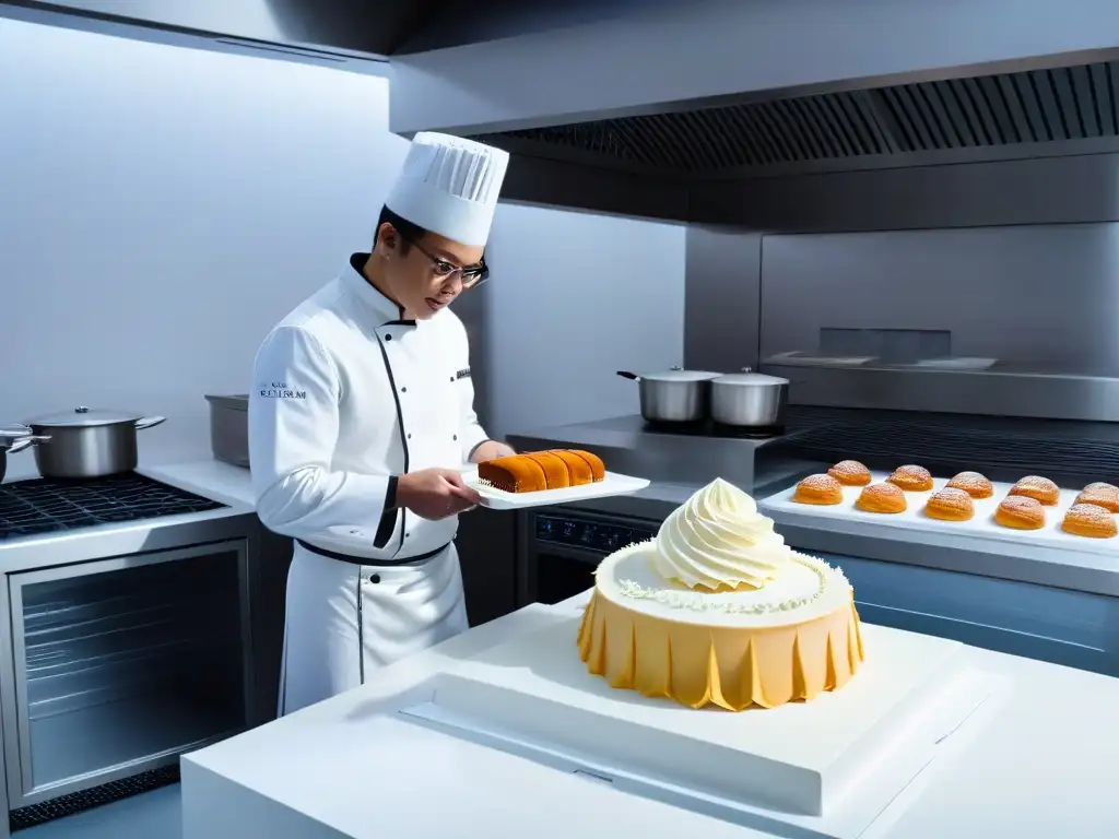 Un chef de repostería tradicional y un sistema de inteligencia artificial en repostería trabajan juntos en una cocina futurista