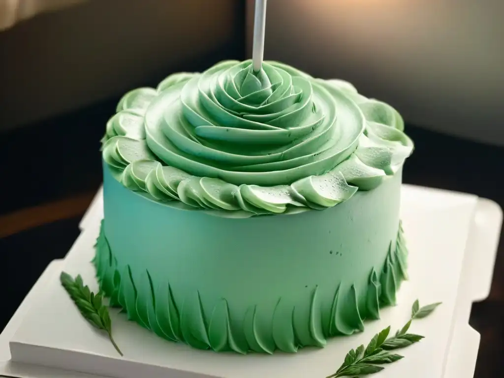 Chef repostero elaborando arte en un pastel con luz natural, detalle en herramientas y frosting