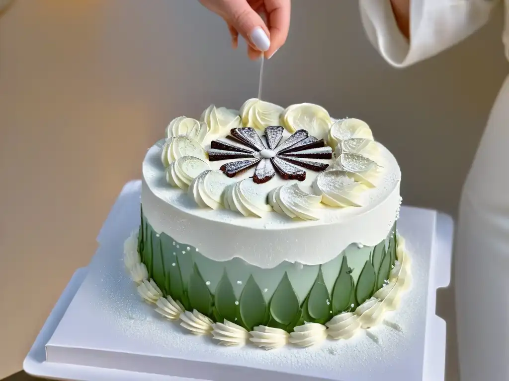 El chef repostero esparce cristales de azúcar de abedul sobre un exquisito pastel sin azúcar, destacando los beneficios del azúcar de abedul