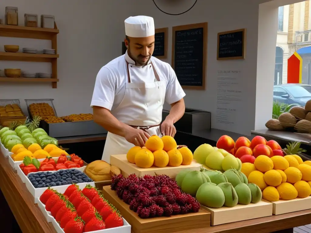 Un chef repostero seleccionando ingredientes éticos en un mercado local, promoviendo prácticas de repostería ética