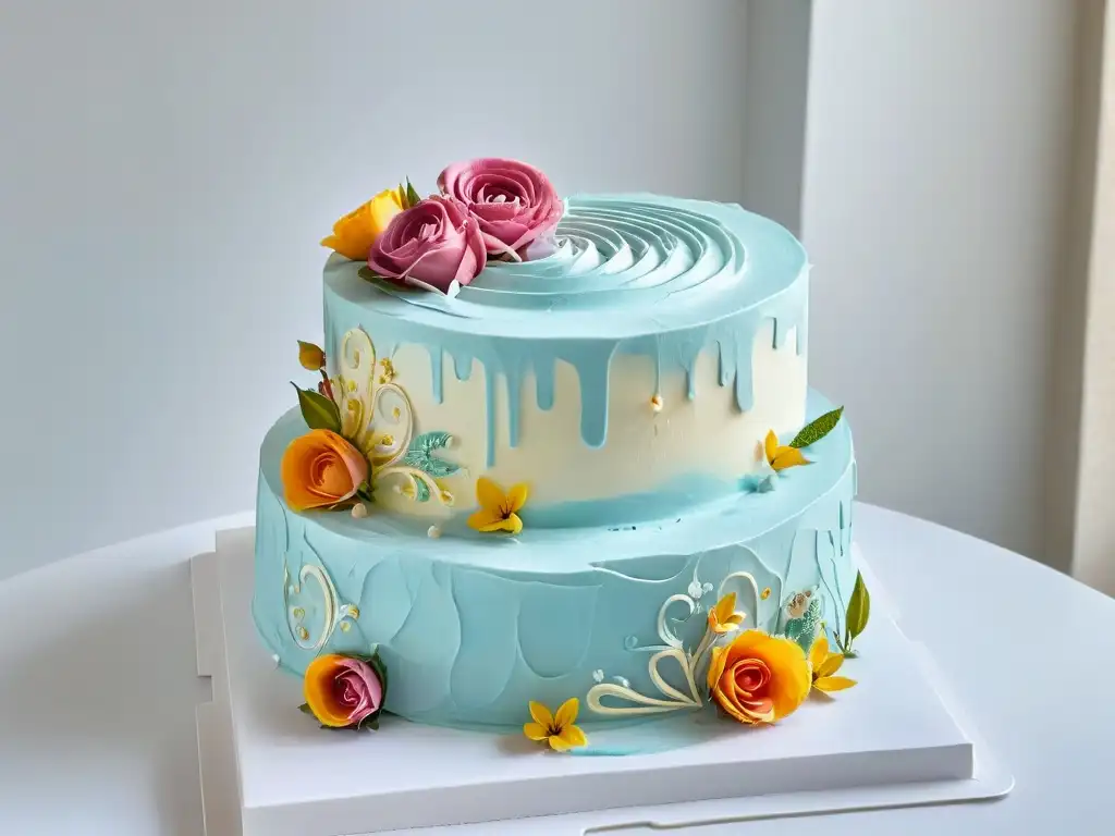 Chef de repostería creando obras de arte en un pastel multicolor Un chef repostero con meticulosidad crea elegantes diseños florales en una torta, capturando la artesanía en la creación de menús de repostería
