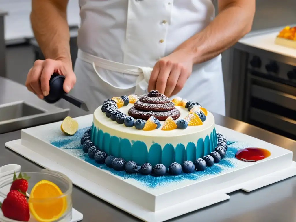 Un chef repostero crea postre de gelatina innovador en cocina moderna