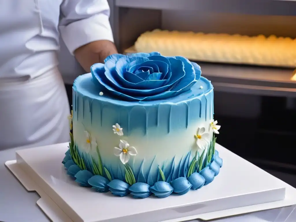 Chef repostero decora con precisión un pastel de múltiples niveles con diseños florales