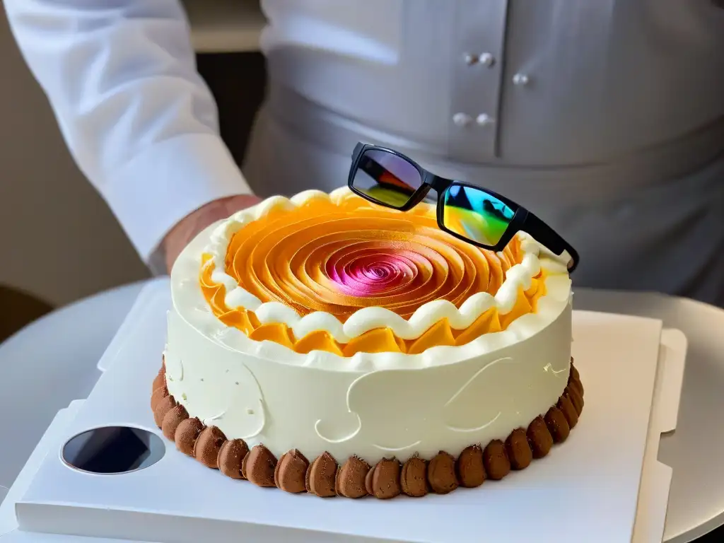 Un chef repostero usando realidad aumentada para diseñar un pastel holográfico en lienzo en blanco