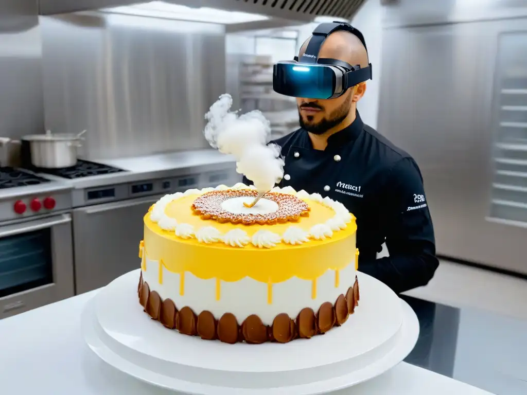 Chef repostero usando Realidad Aumentada en repostería para crear obra maestra de pastelería