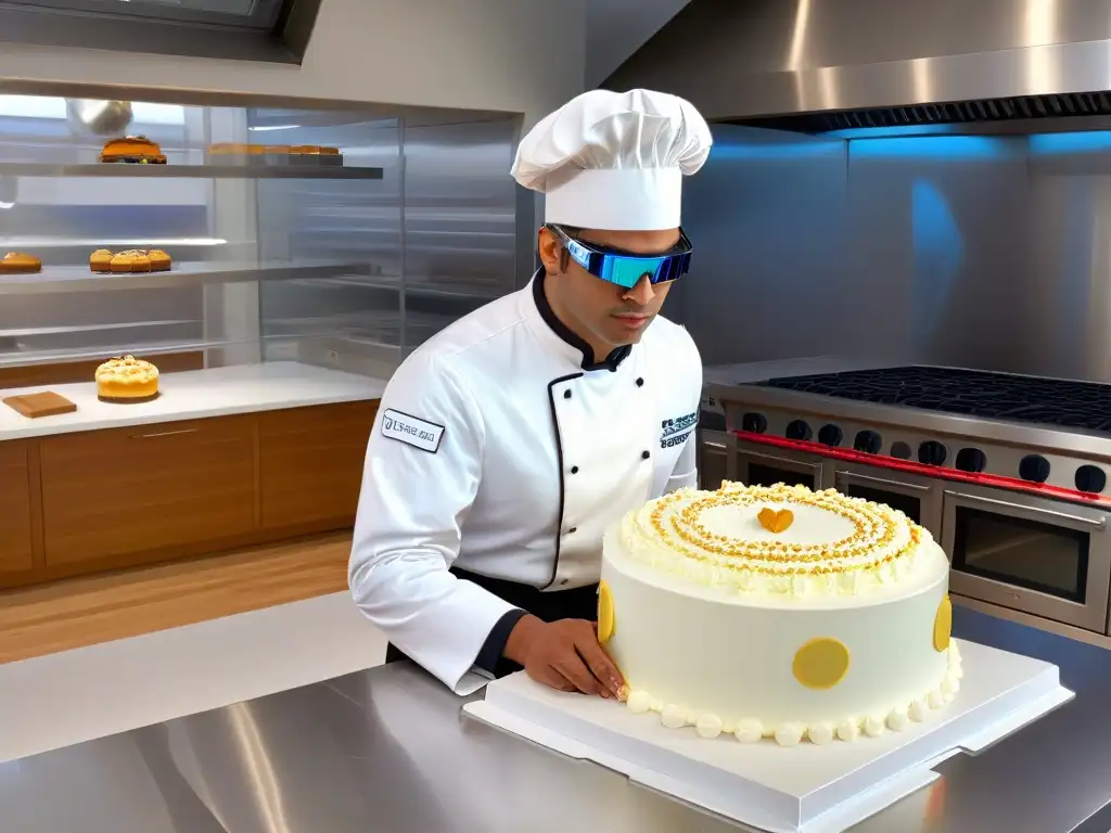 Chef repostero usando Realidad Aumentada para decorar pasteles, fusionando tradición y tecnología