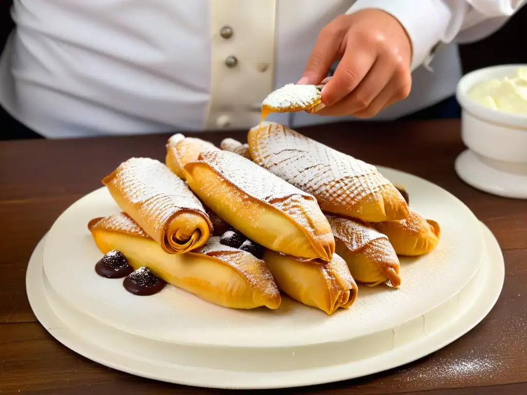 Un chef siciliano prepara con precisión y arte auténticos cannoli sicilianos, rellenando con ricotta cremosa