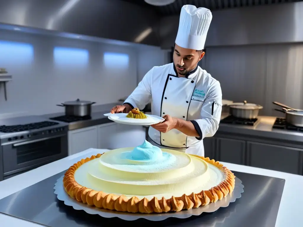 Un chef virtual en una cocina moderna, creando postres con precisión en Realidad Aumentada en repostería